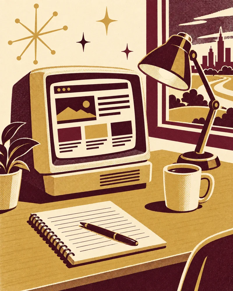 Vintage print illustration of a computer, coffee and notebook in bordeaux, gold and cream